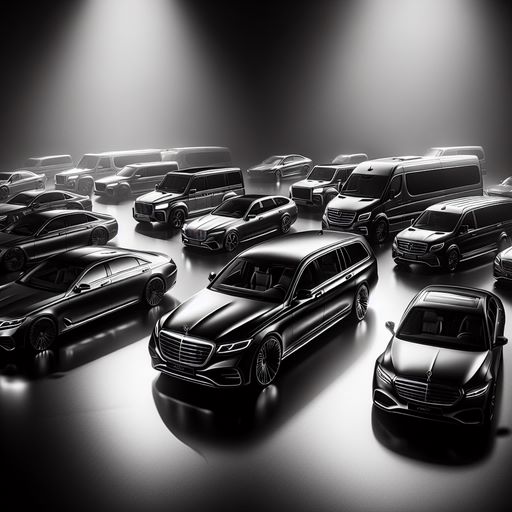 A fleet of black luxury sedans, suburban SUV, Passenger Sprinter Van and a Mini Bus