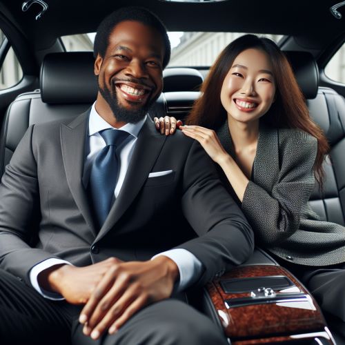 A smiling couple chauffeured in our CLS Black Car Sedan