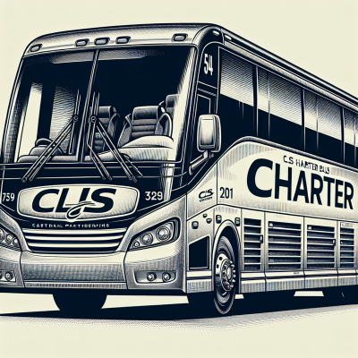 A detailed depiction of a CLS charter bus, with an emphasis on its distinguished features such as the large passenger windows, front and rear entrances, comfortable seating arrangement, and the company logo emblazoned on its side. The bus is designed to provide a smooth and enjoyable ride catering to various passengers. This image is to be created in a square format.