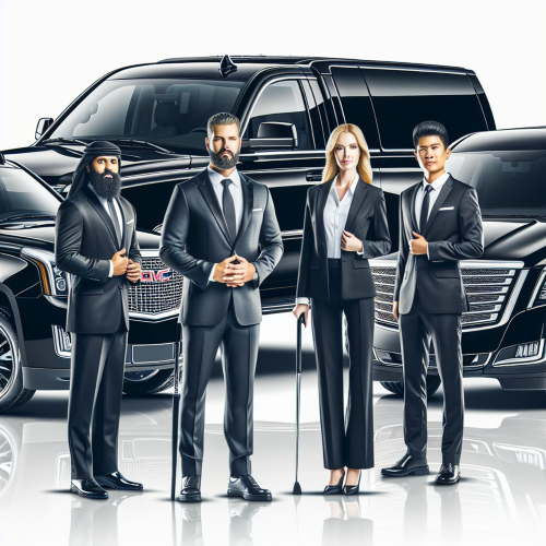 A diverse range of chauffeurs standing next to high-end vehicles. This includes a middle-eastern male chauffeur next to a large, luxurious, and sturdy GMC Yukon XL SUV in a deep black color. A white female chauffeur stands by the sophisticated and sleek black Cadillac sedan. A South Asian male chauffeur stands by a roomy and comfortable black Mercedes Sprinter Van. All vehicles are gleaming, creating a reflection of the surrounding environment, showcasing their well-maintained condition.