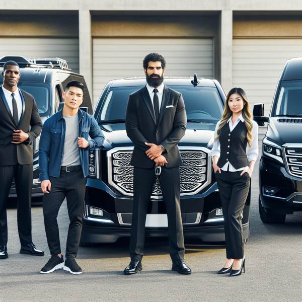 A diverse group of professional chauffeurs standing next to high-end vehicles. One chauffeur of Hispanic descent is next to a well-polished, black GMC Yukon XL SUV. Another, who is Middle-Eastern, stands by a sleek, black Cadillac Sedan. A South Asian woman chauffeur is pictured next to an elegant, black Mercedes Sprinter Van. The vehicles are parked in an orderly manner displaying the elegance of transportation service.
